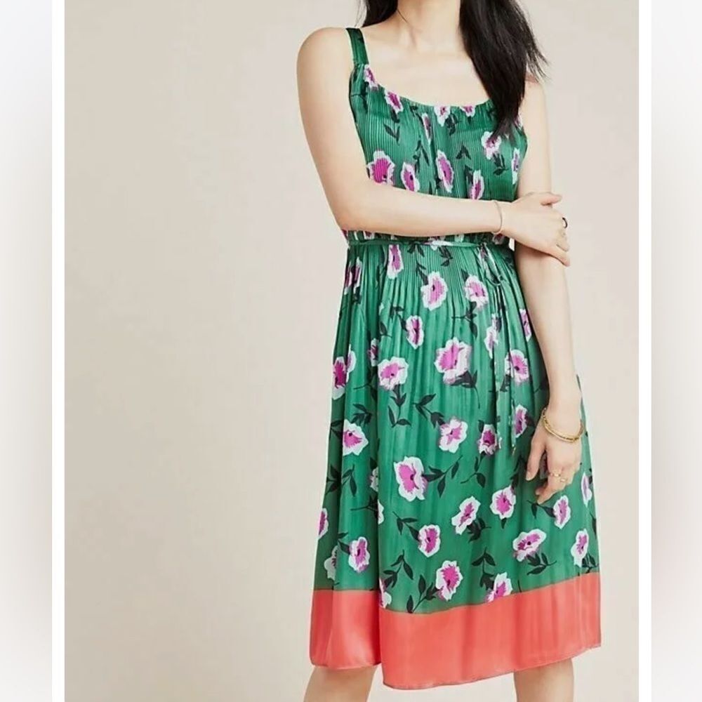 Anthropologie Floral Green Sleeveless Pleated Dress SIZE XS